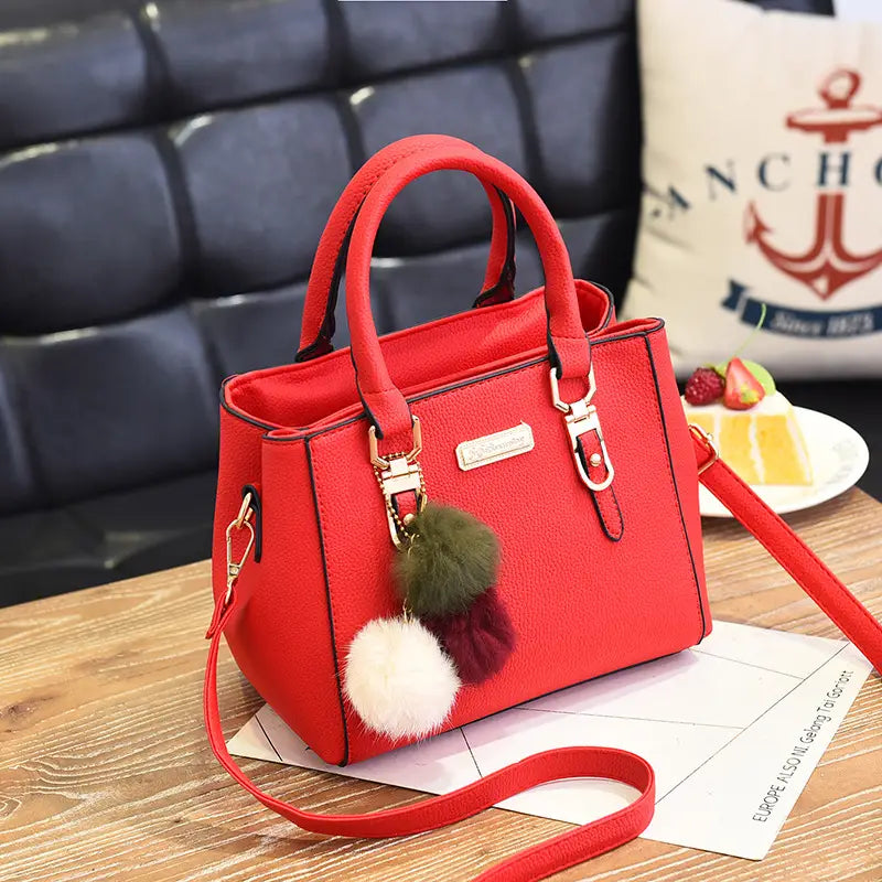 Black Women's Handbag with Pom Pom Charm Shoulder Crossbody