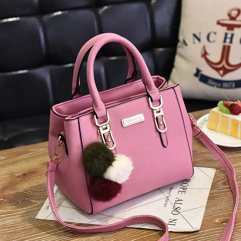 Black Women's Handbag with Pom Pom Charm Shoulder Crossbody