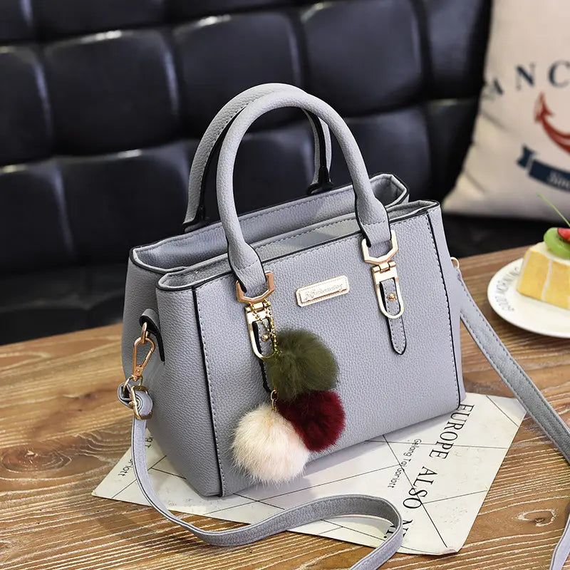 Black Women's Handbag with Pom Pom Charm Shoulder Crossbody