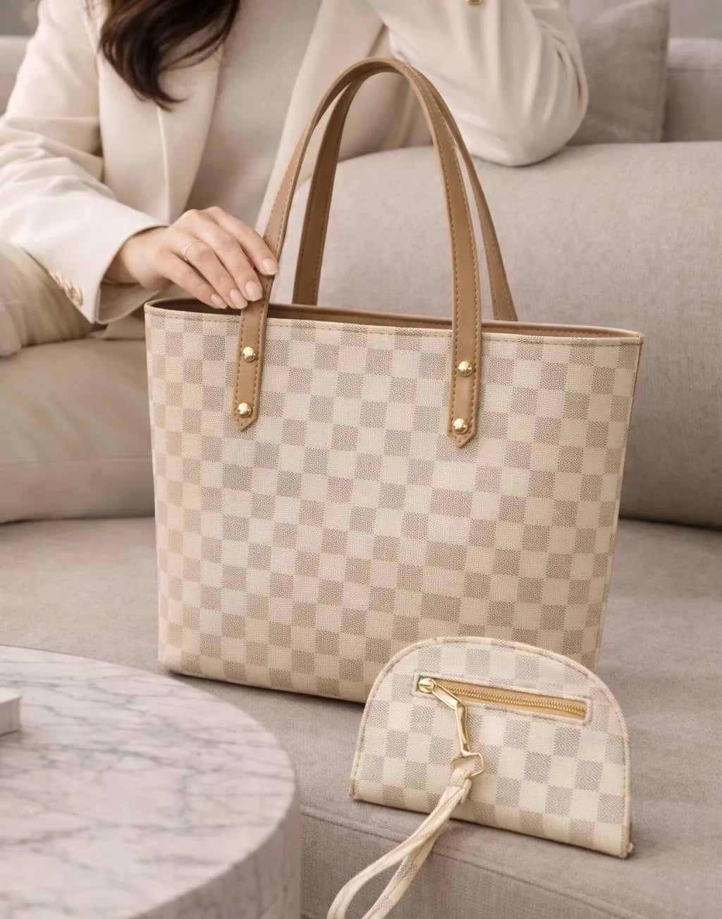 Women's Beige Checkered Leather Handbag Set 2 Pcs